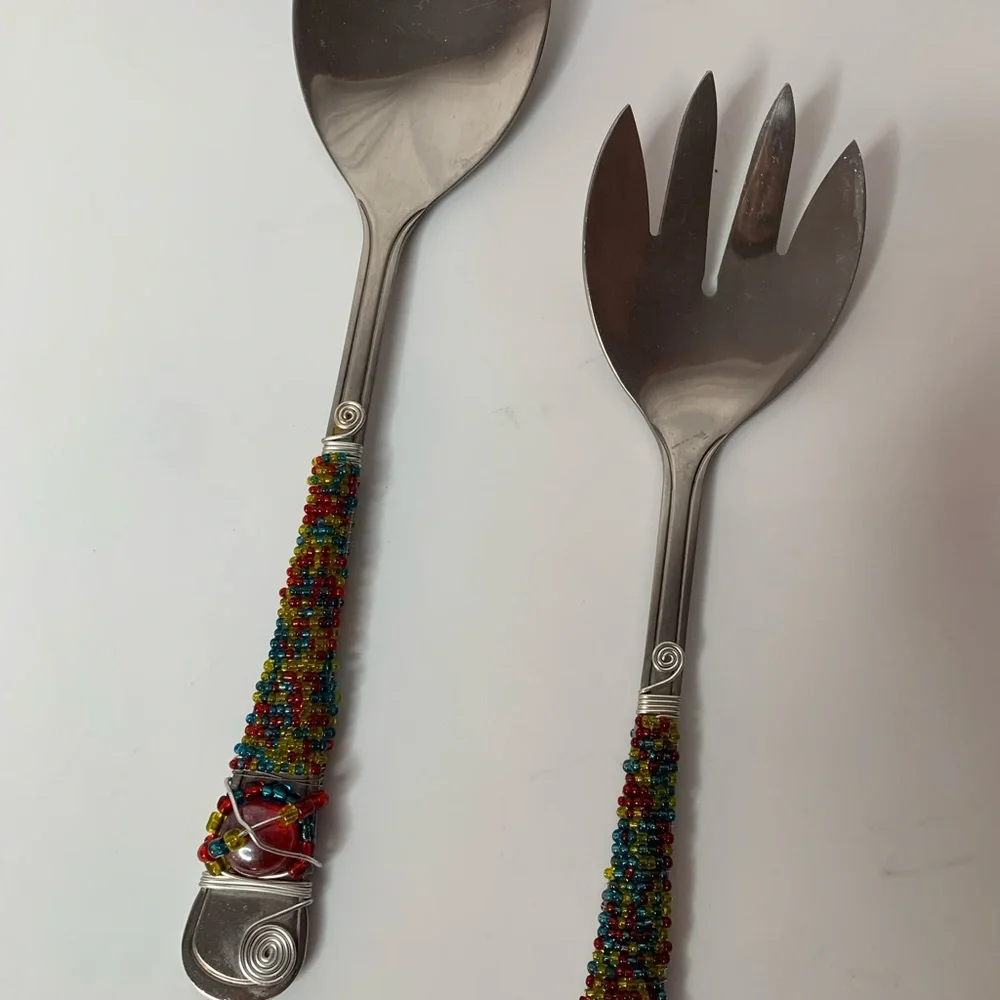 beaded serving fork and spoon, multicolored beads wire accents